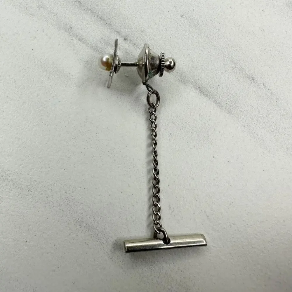 Vintage Faux Pearl Silver Tone Square Lapel Tie Tack Pin ✨